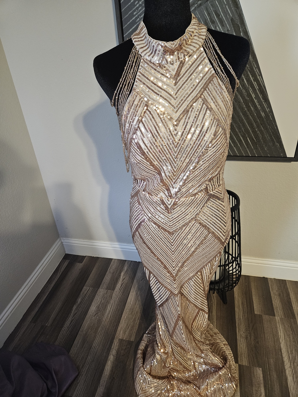 Beaded Halter Sequin Prom Dress in Rose Gold